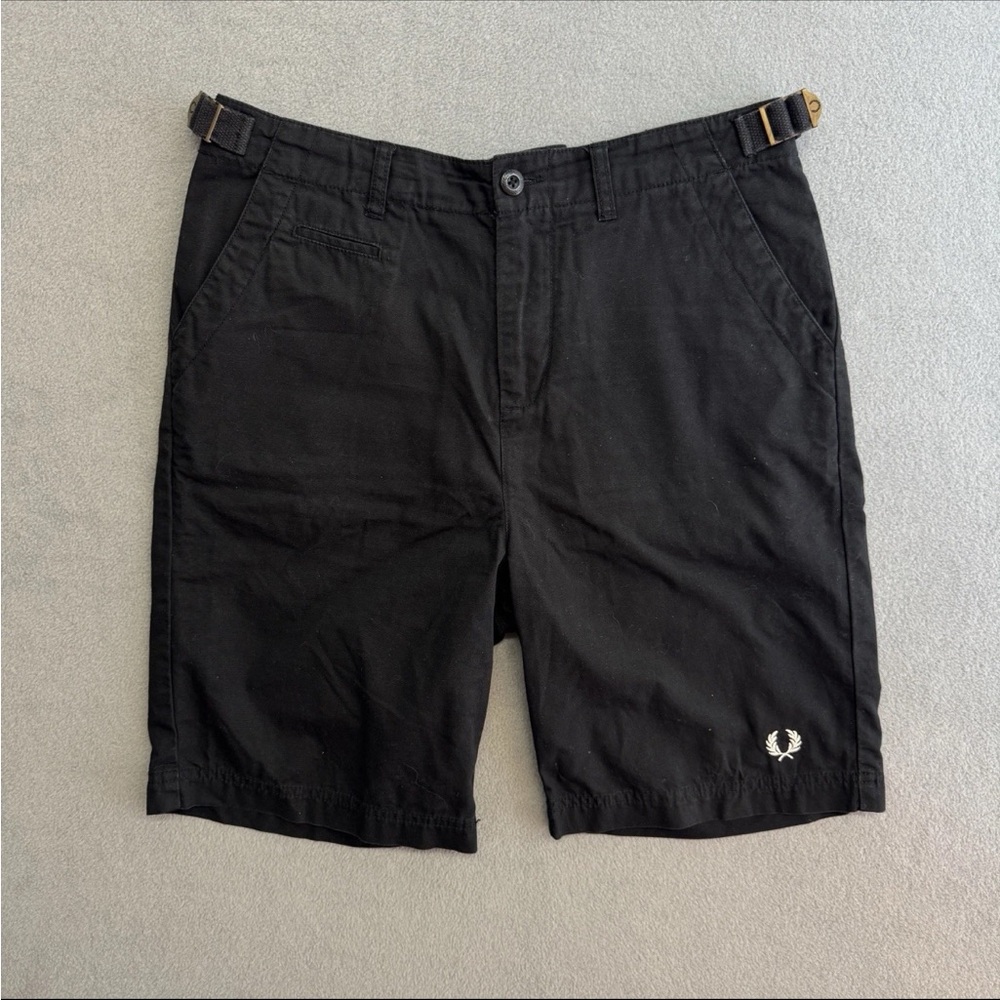 Fred Perry Shorts 32 Men's Small Black Chino Logo Preppy Adjustable 9"